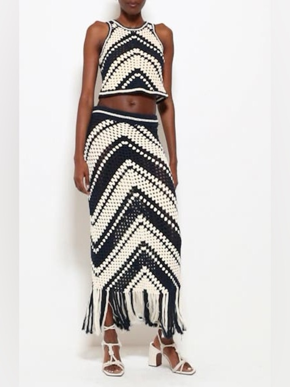 Ultra Pink Black & Cream Crochet Two-Piece Set